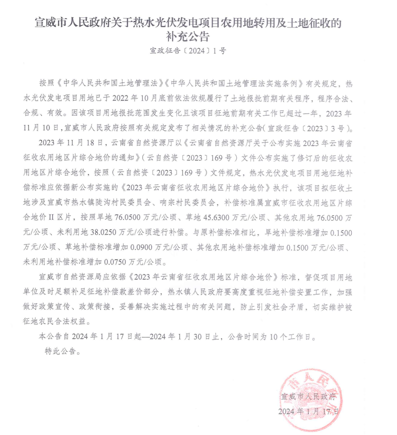 云南宣威市提高光伏用地补偿标准：旱地、农用地增长0.15万元/公顷 草地0.09万元/公顷